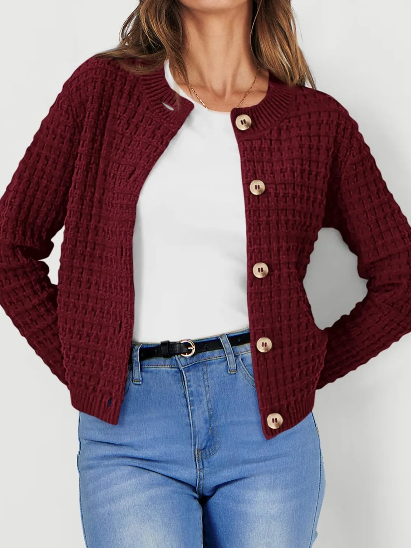 Textured Knit Button-Front Cardigan OutfitFlow