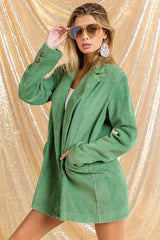 BiBi Vintage Washed Peak Lapel Double Breasted Blazer OutfitFlow
