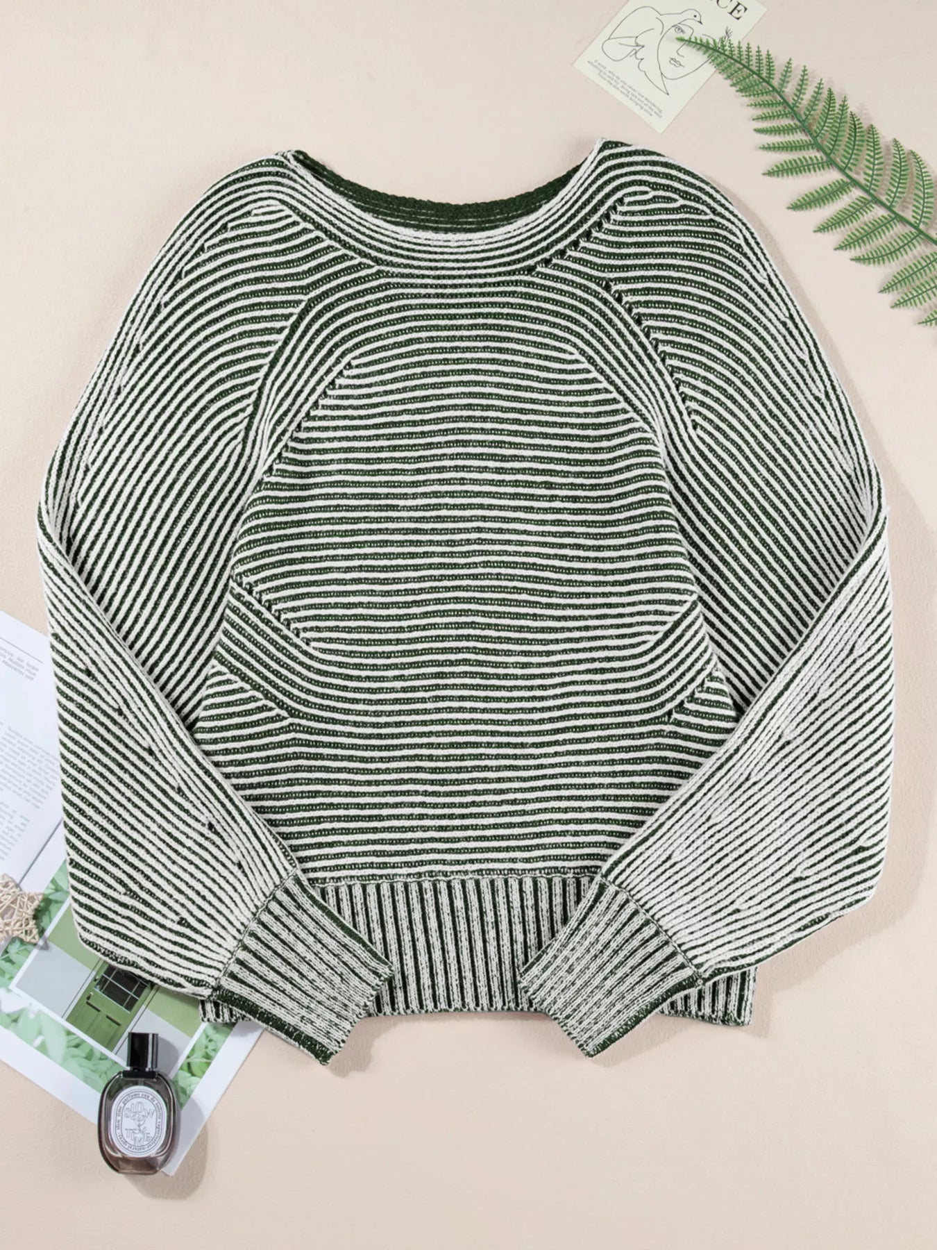 Striped Ribbed Knit Boat Neck Baggy Sweater OutfitFlow