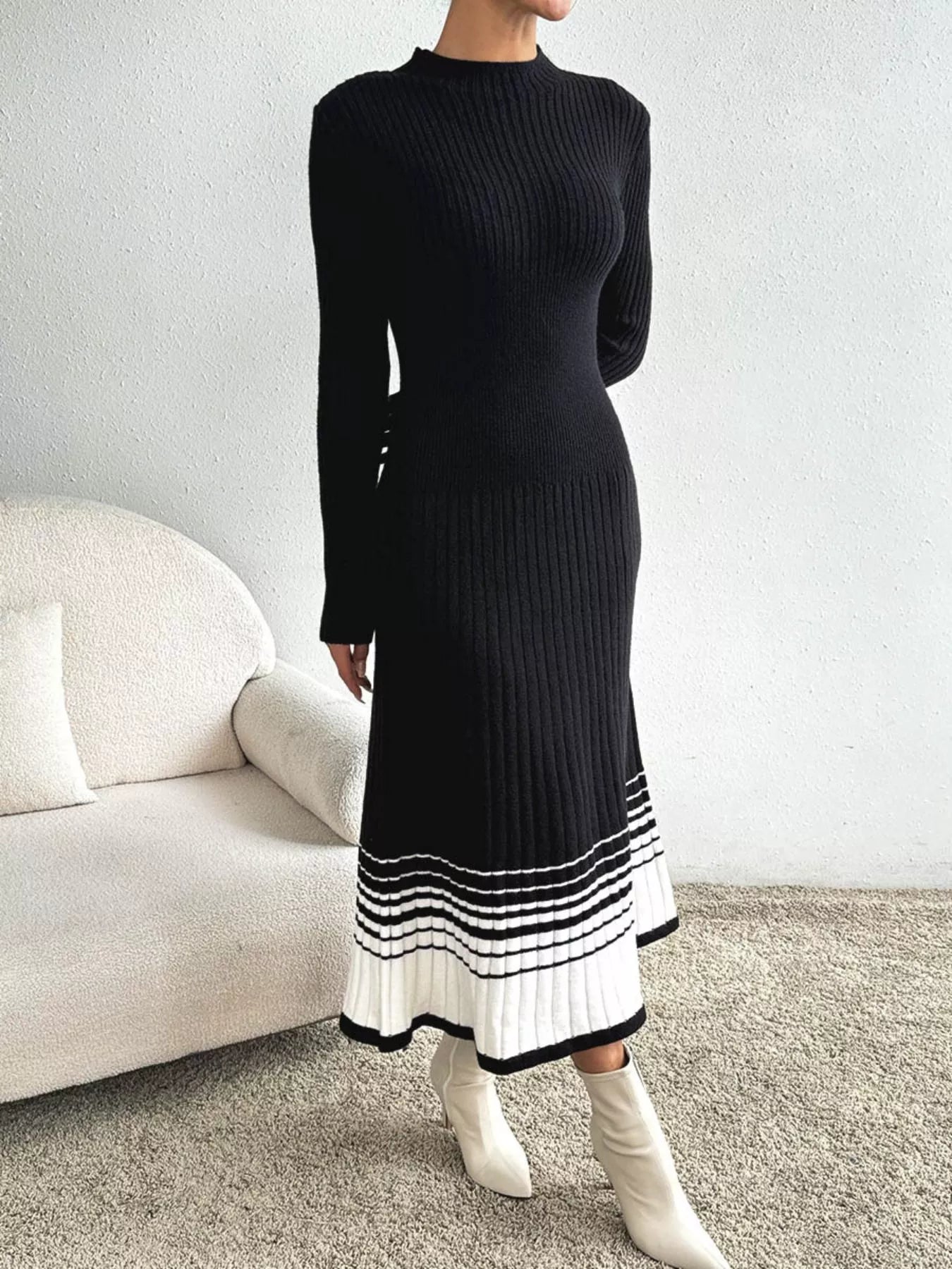 Ribbed Knit Sweater Dress with Striped Hem OutfitFlow