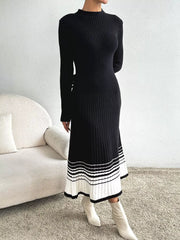 Ribbed Knit Sweater Dress with Striped Hem OutfitFlow