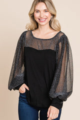 Outfit Flow - Super Lady Full Size Metallic Mesh Lantern Sleeve Blouse