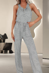 Outfit Flow - Drawstring Quarter Button Wide Strap Jumpsuit