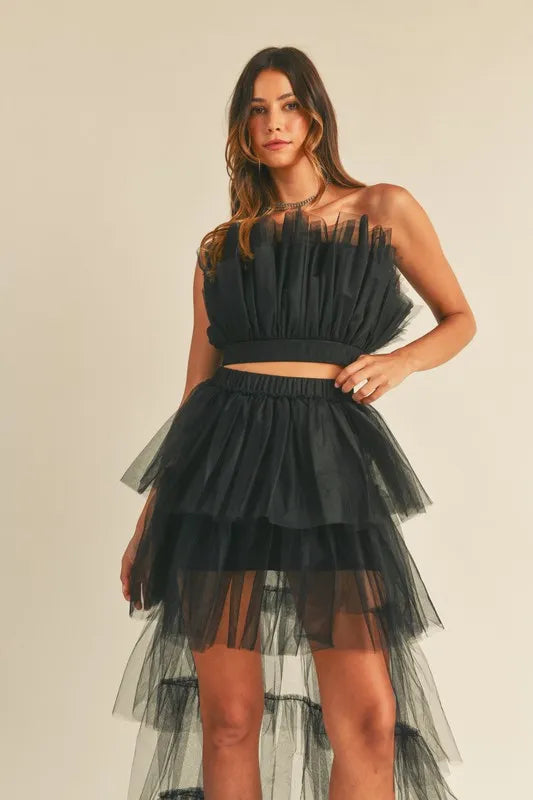MABLE Tulle Tube Ruffle Crop Top and High Low Maxi Skirt Set OutfitFlow