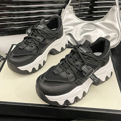 Lace Up Round Toe Platform Athletic Shoes Black OutfitFlow