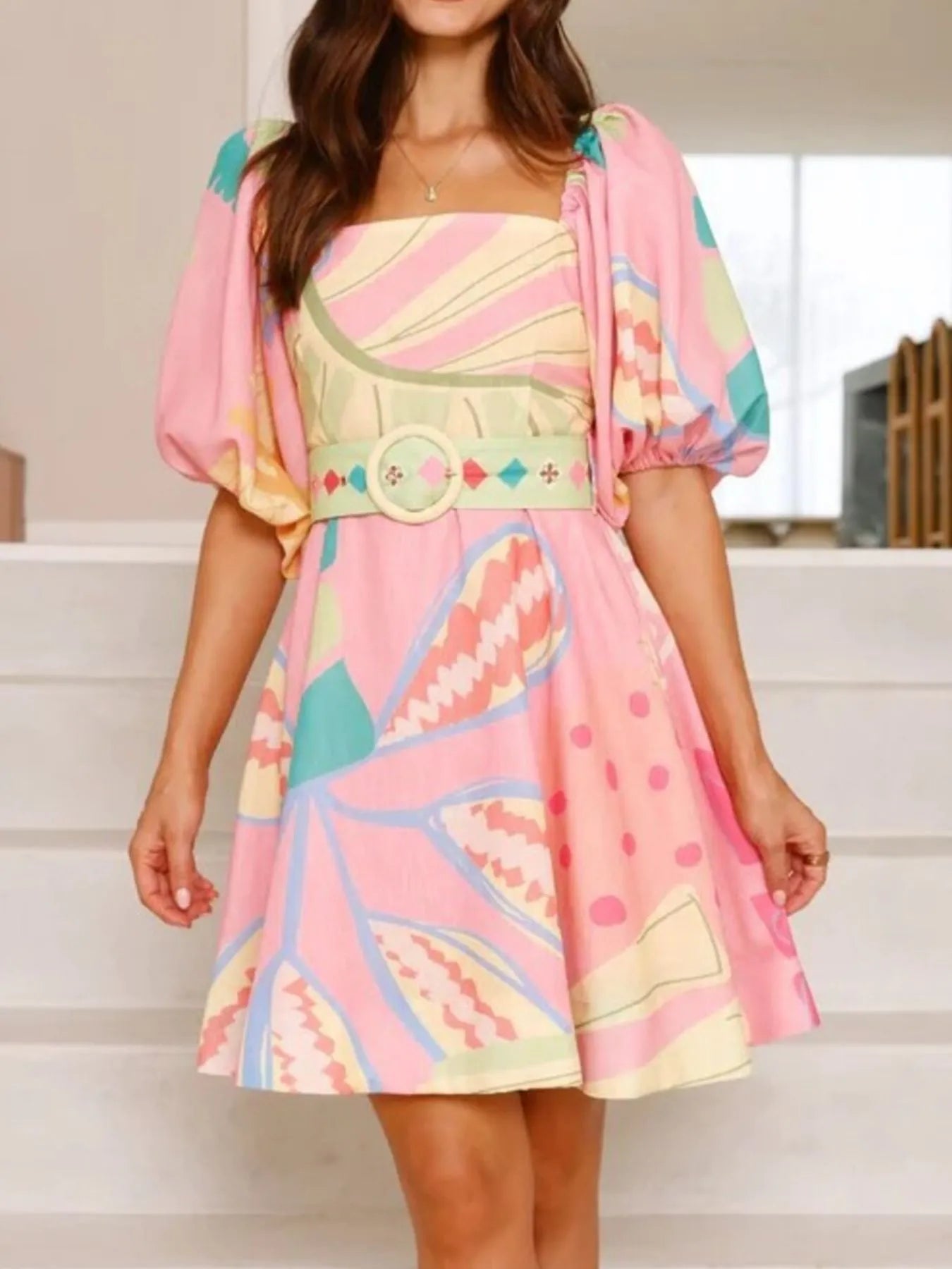 Printed Square Neck Puff Sleeve Dress OutfitFlow