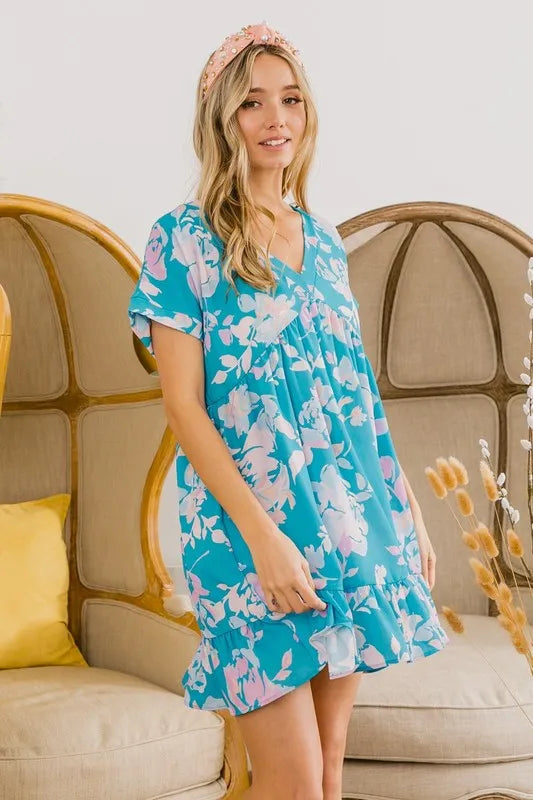 BiBi Floral Crinkle Shirred Ruffle Detail V Neck Dress OutfitFlow