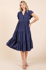 Mittoshop Ruffle Sleeve Collared V Neck Tiered Midi Dress Dark Navy OutfitFlow
