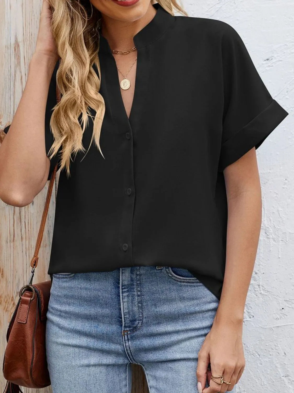 Notched Short Sleeve Blouse OutfitFlow