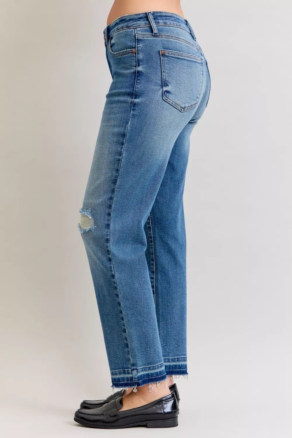 Judy Blue Full Size Mid Rise Bf Patch & Repair Destroy Release Hem Jeans Plus Size OutfitFlow