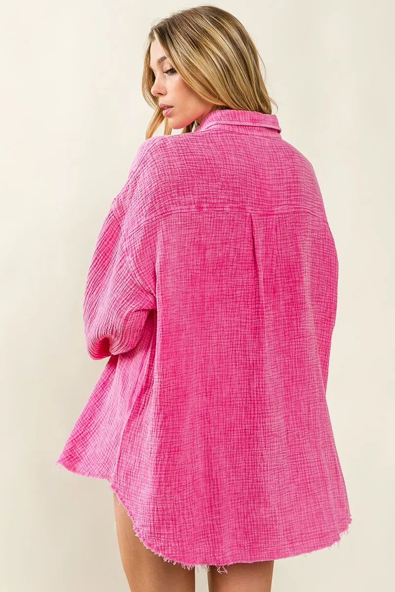 BiBi Raw Edge Detailed Mineral Washed Loose Fit Shirt OutfitFlow