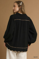 Umgee Full Size Linen Scallop Hem Blouse with Contrast Trim Plus Size Trendsi