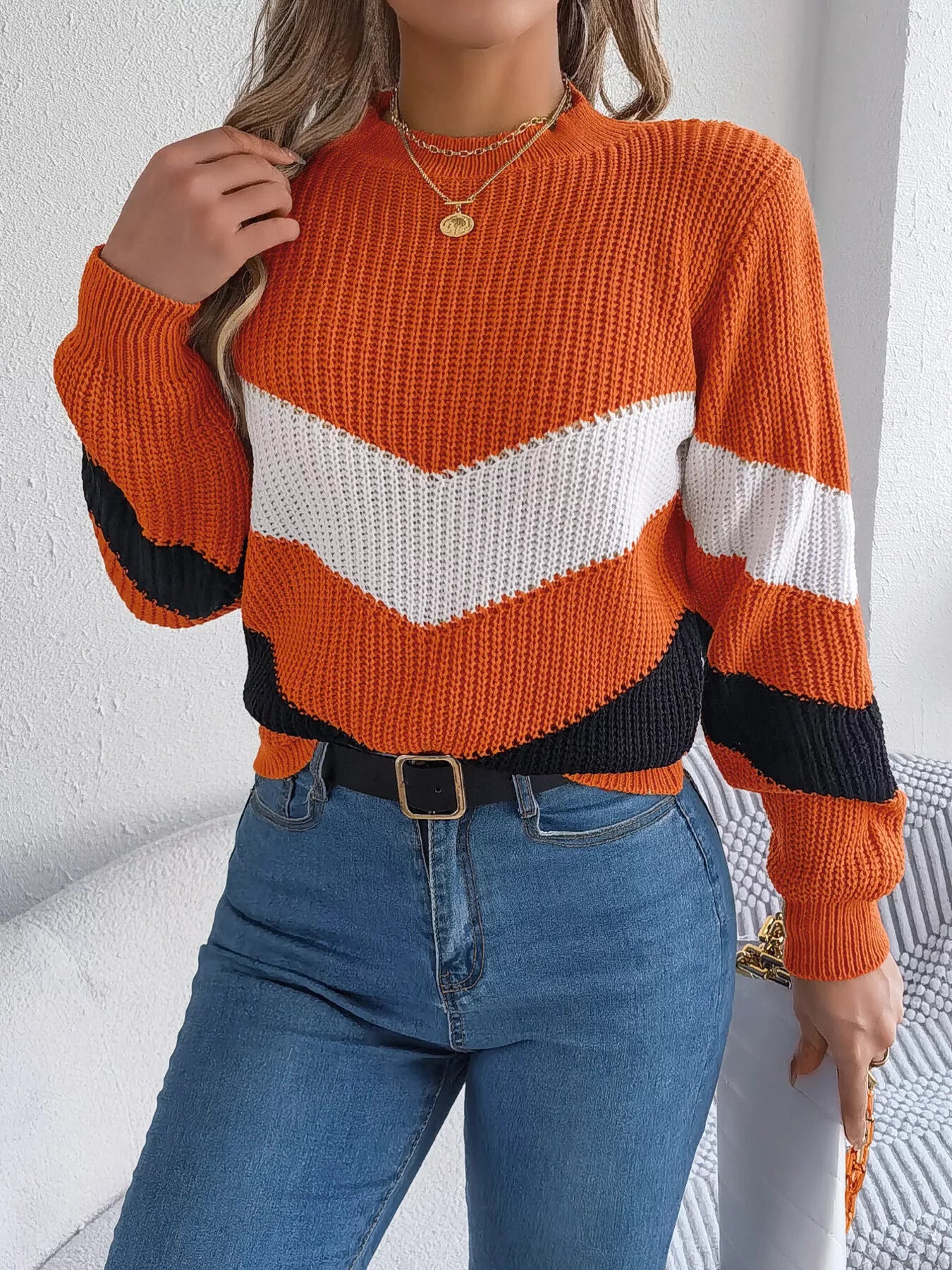 Chevron Stripe Color Block Round Neck Sweater OutfitFlow