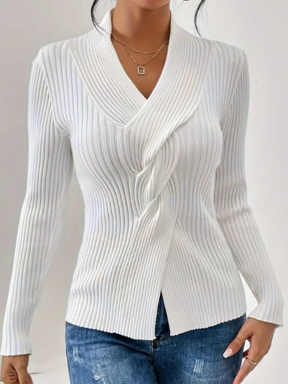 Outfit Flow - Twist Front Ribbed Long Sleeve Sweater