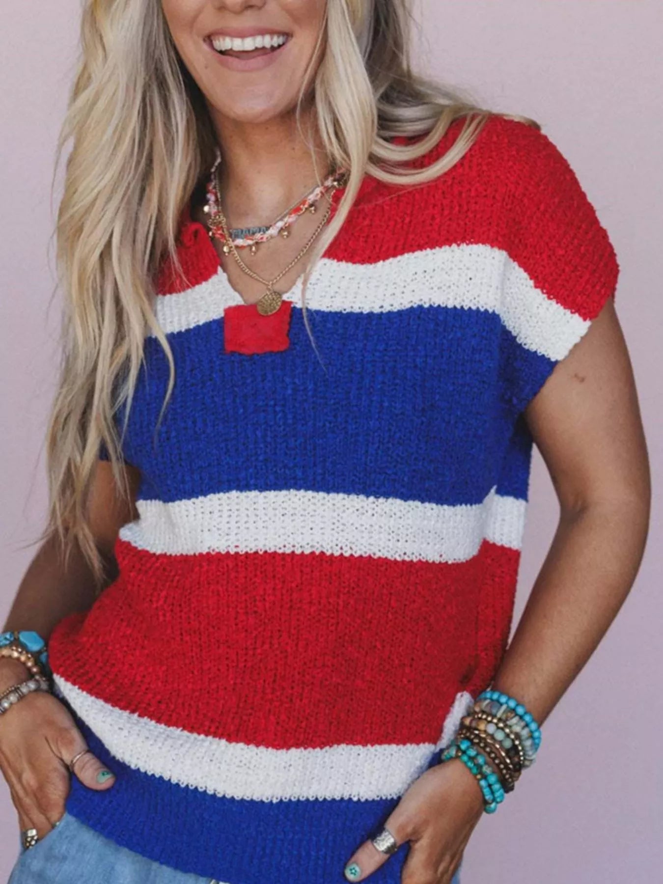 Striped Notched Short Sleeve Sweater Blue Red OutfitFlow