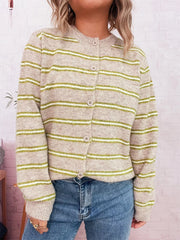Striped Button-Up Long Sleeve Cardigan OutfitFlow