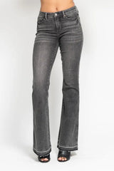 Judy Blue Full Size Mid Rise Tummy Control Washed Gray Release Hem Flare Jeans Plus Size GRY OutfitFlow