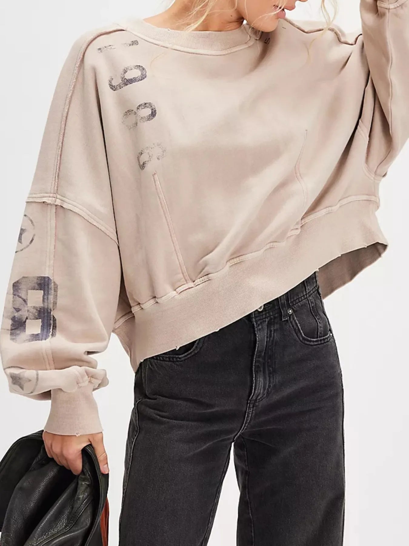 Print Round Neck Oversized Sweatshirt Khaki OutfitFlow