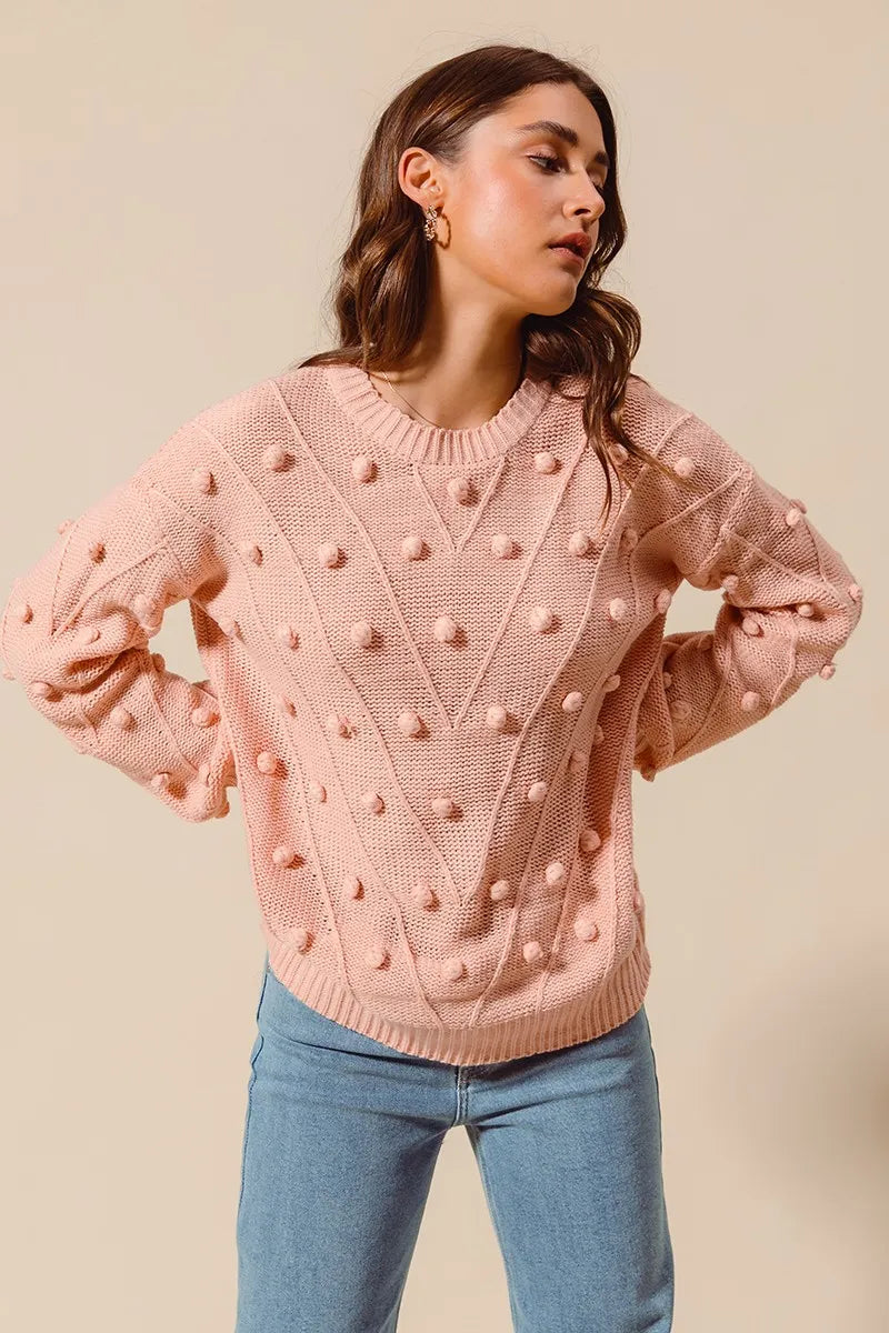 SO ME Pom Pom Textured Knit Sweater Top Trendsi
