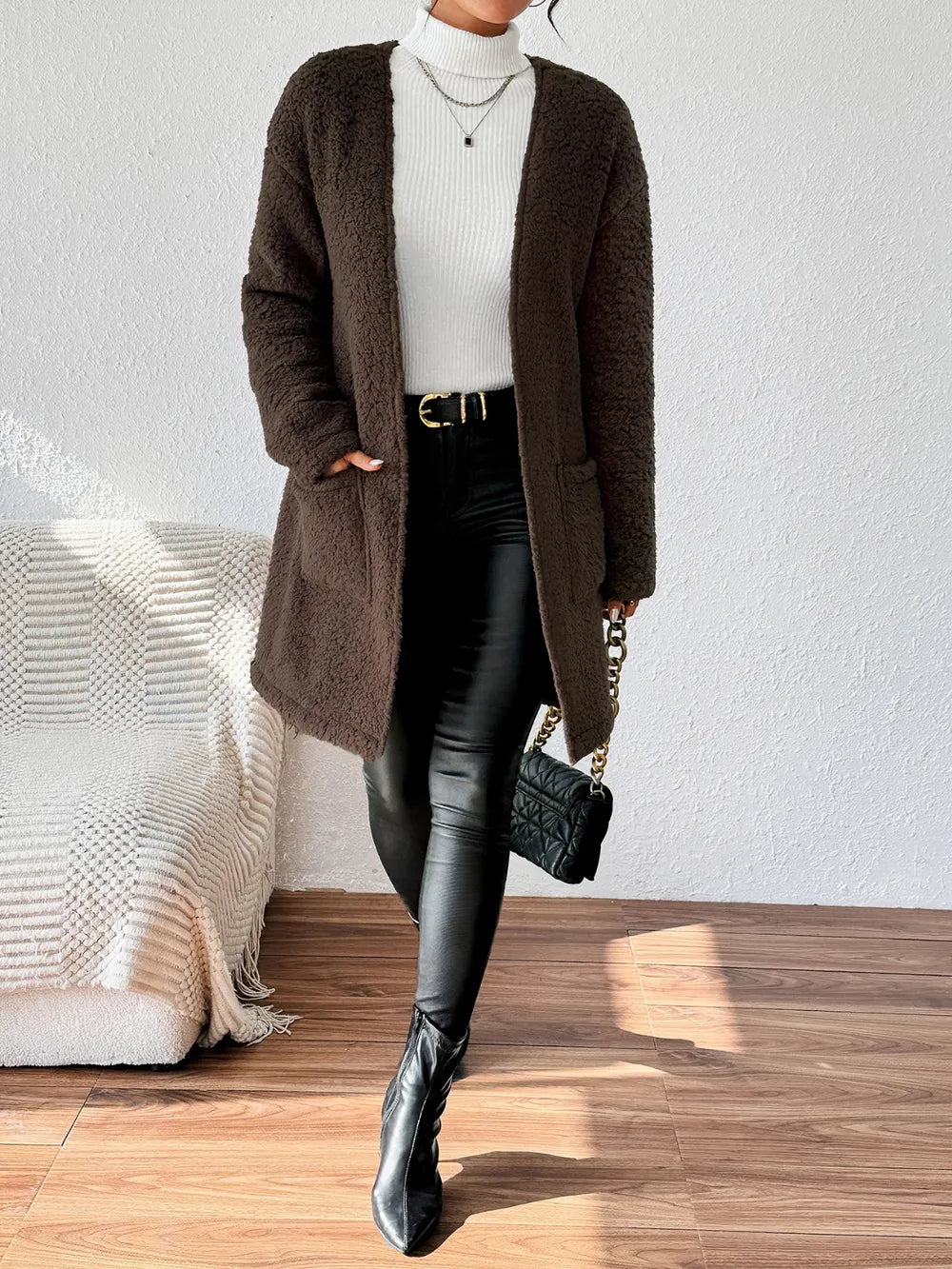 Open Front Long Sleeve Winter Coat OutfitFlow