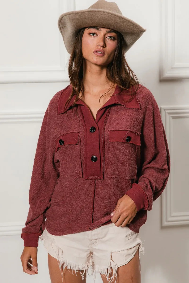 BiBi Cp French Terry Cut Edge Detail Collared Top OutfitFlow