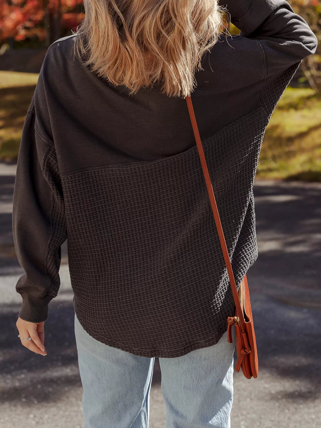 Waffle Knit Patchwork Half Zipped Casual Sweatshirt OutfitFlow