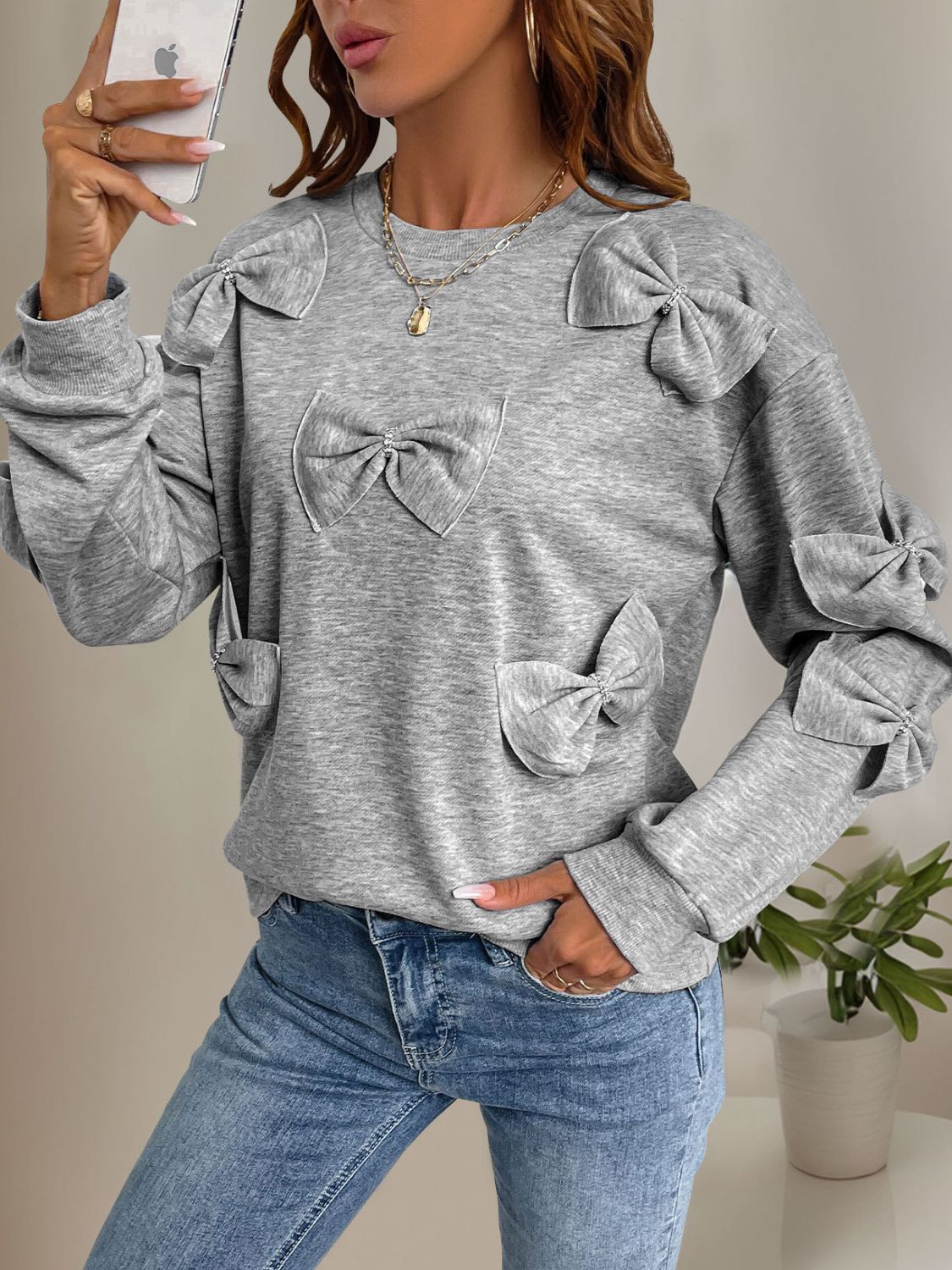 Outfit Flow - Perfee Bow Round Neck Long Sleeve Sweatshirt