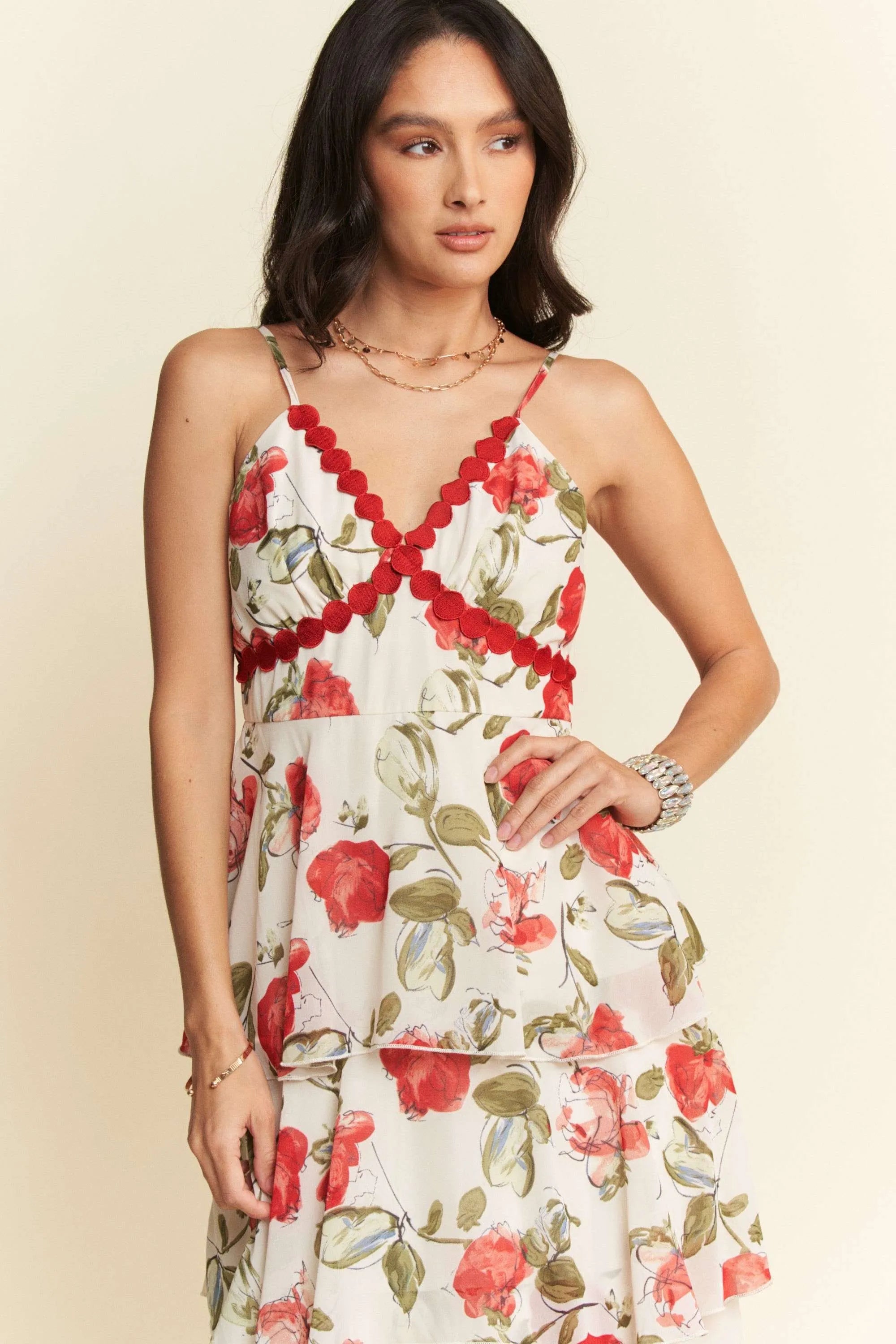 Davi & Dani Contrast Ring Lace Layered Ruffle Maxi Cami Dress OutfitFlow