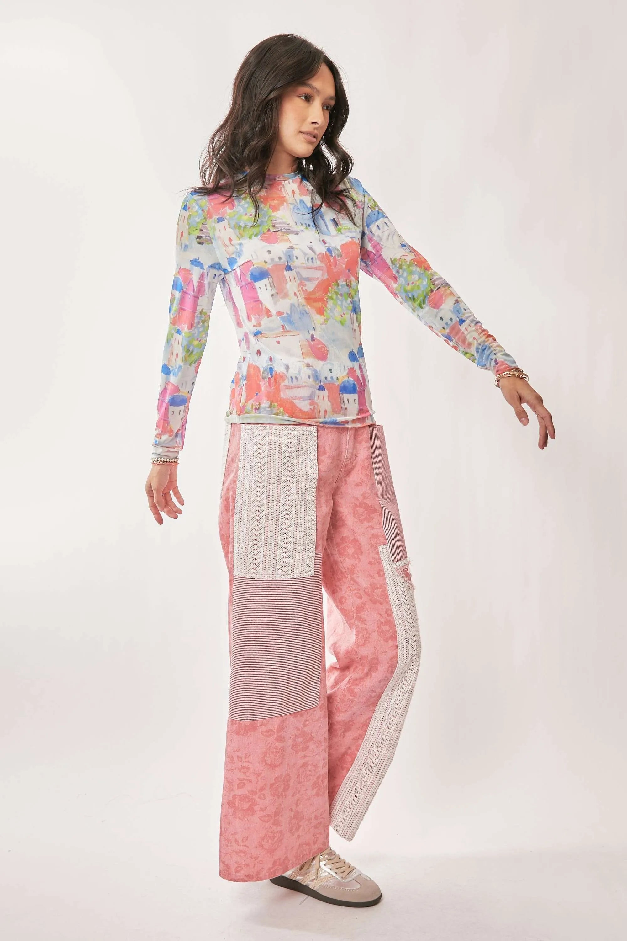 Davi & Dani Multi Printed Mesh Round Neck Long Sleeve Top OutfitFlow