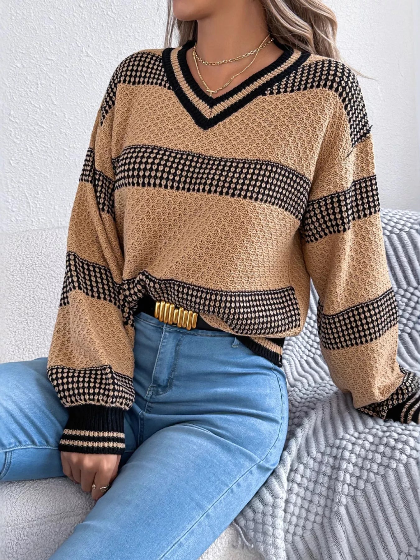 Contrast Striped V-Neck Sweater Khaki OutfitFlow