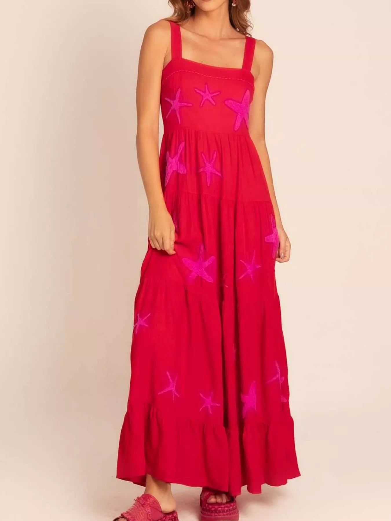 Embroidered Square Neck Tiered Maxi Cami Dress OutfitFlow