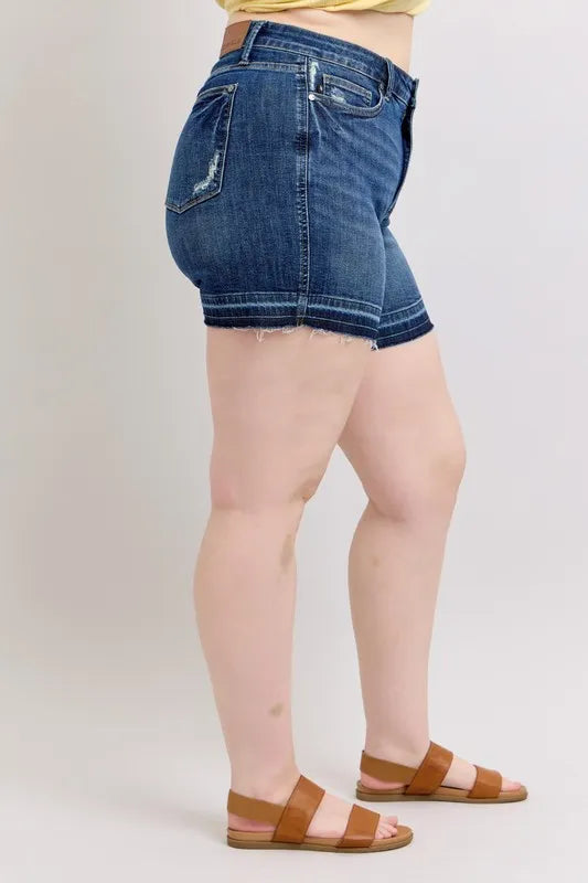 Judy Blue Full Size High Waist Tummy Control Destroy Release Hem Denim Shorts Plus Size OutfitFlow