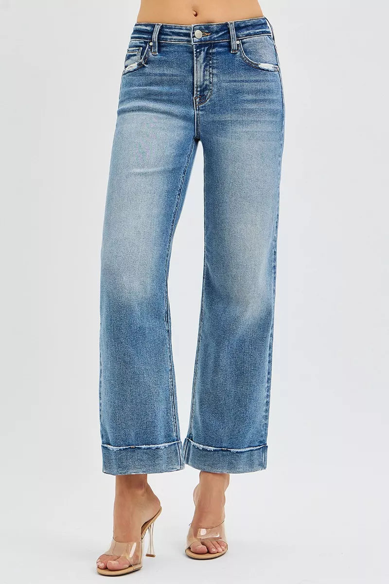 RISEN Full Size Mid Rise Crop Straight Jeans with Taylor Cuffed Plus Size OutfitFlow