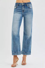 RISEN Full Size Mid Rise Crop Straight Jeans with Taylor Cuffed Plus Size OutfitFlow