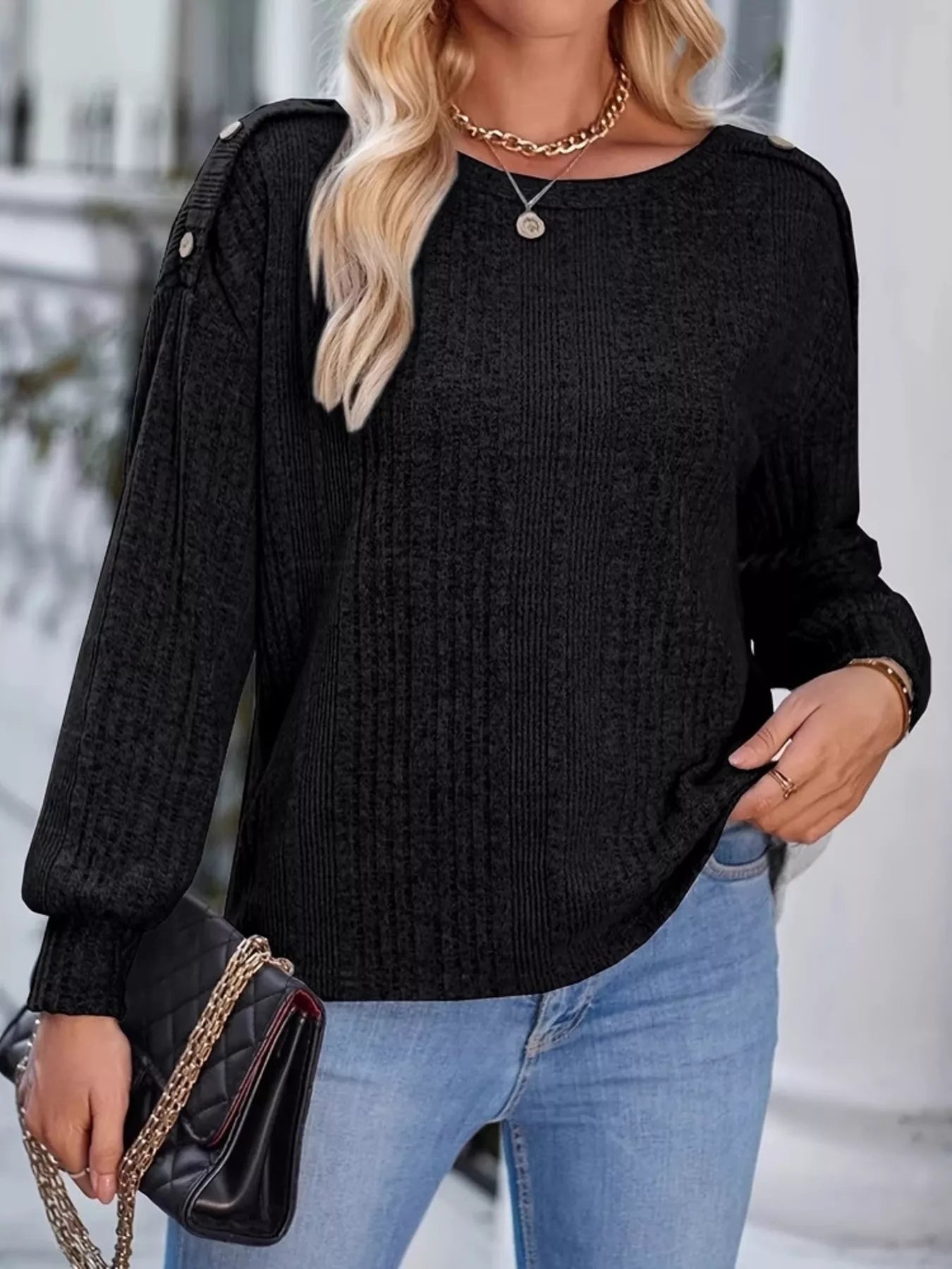 Boat Neck Ribbed Knit T-Shirt Black OutfitFlow