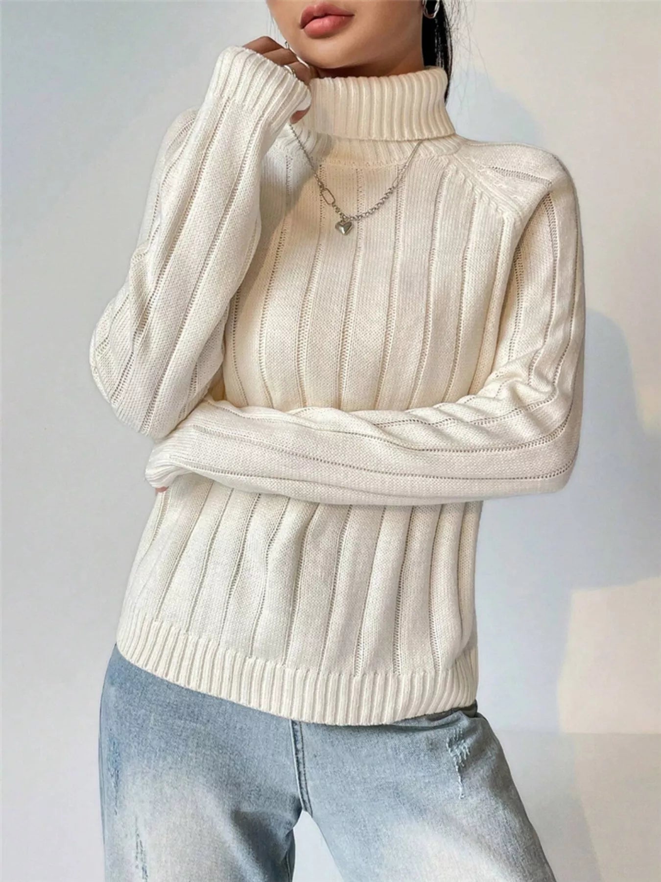 Ribbed Turtleneck Long Sleeve Sweater OutfitFlow