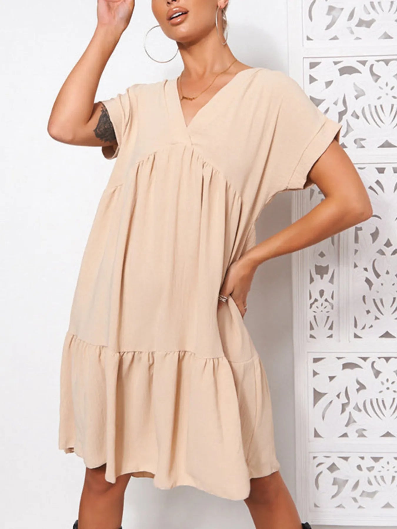 V-Neck Babydoll Tiered Mini Dress OutfitFlow