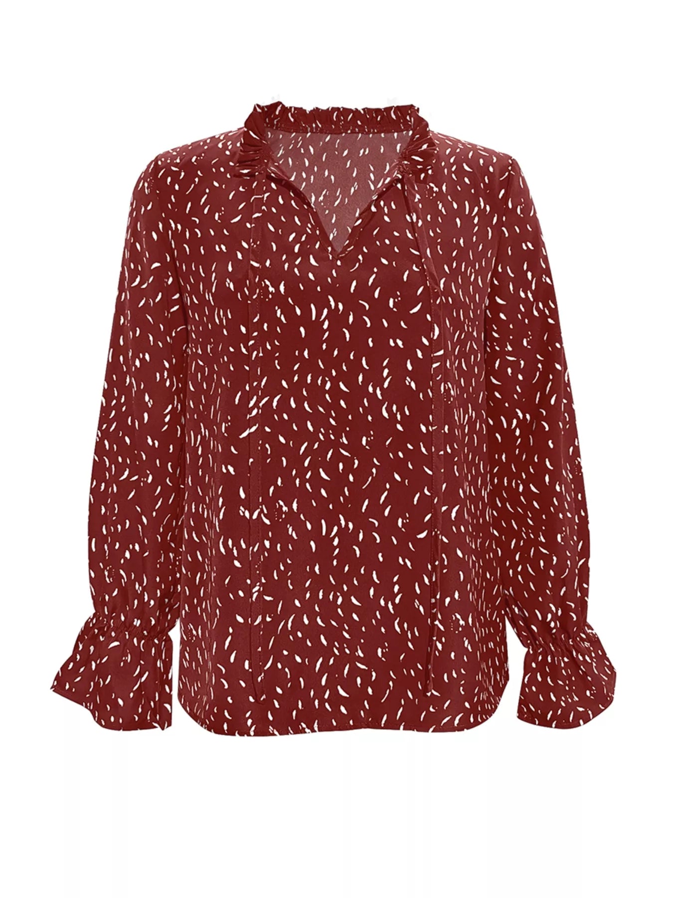 Ruffled Printed Tie Neck Long Sleeve Blouse OutfitFlow