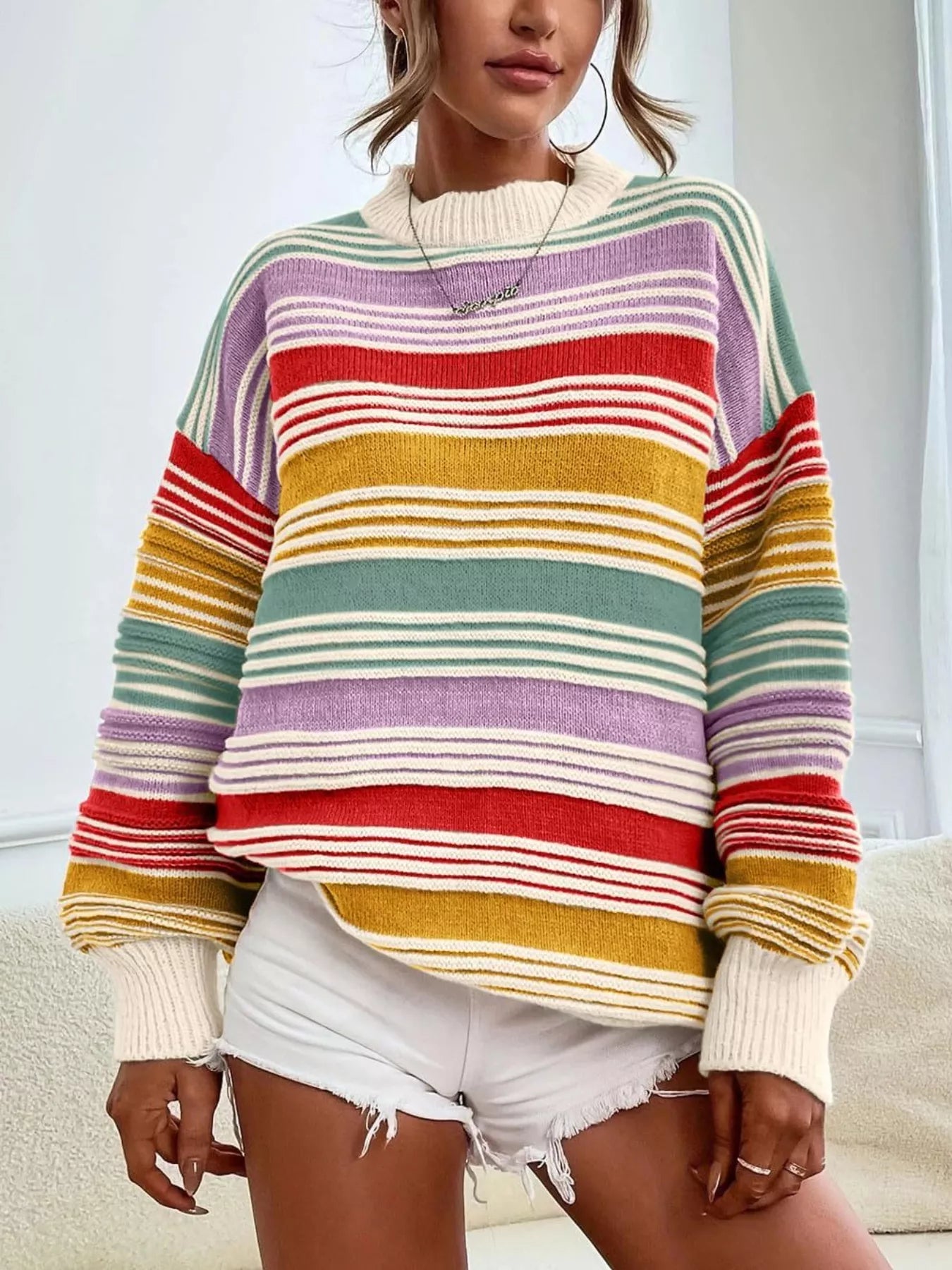 Rainbow Striped Drop Shoulder Oversized Sweater OutfitFlow