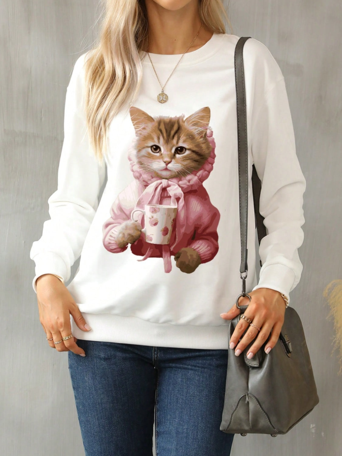 Outfit Flow - Cat Round Neck Long Sleeve Sweatshirt