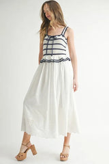 MABLE Crochet Stripe Knit Eyelet Mix Midi Dress OutfitFlow