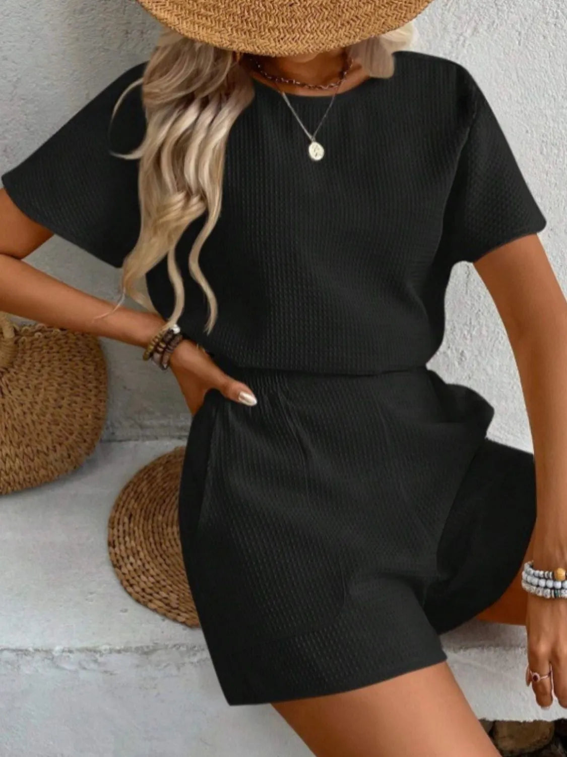 Round Neck Short Sleeve Top and Shorts Set OutfitFlow