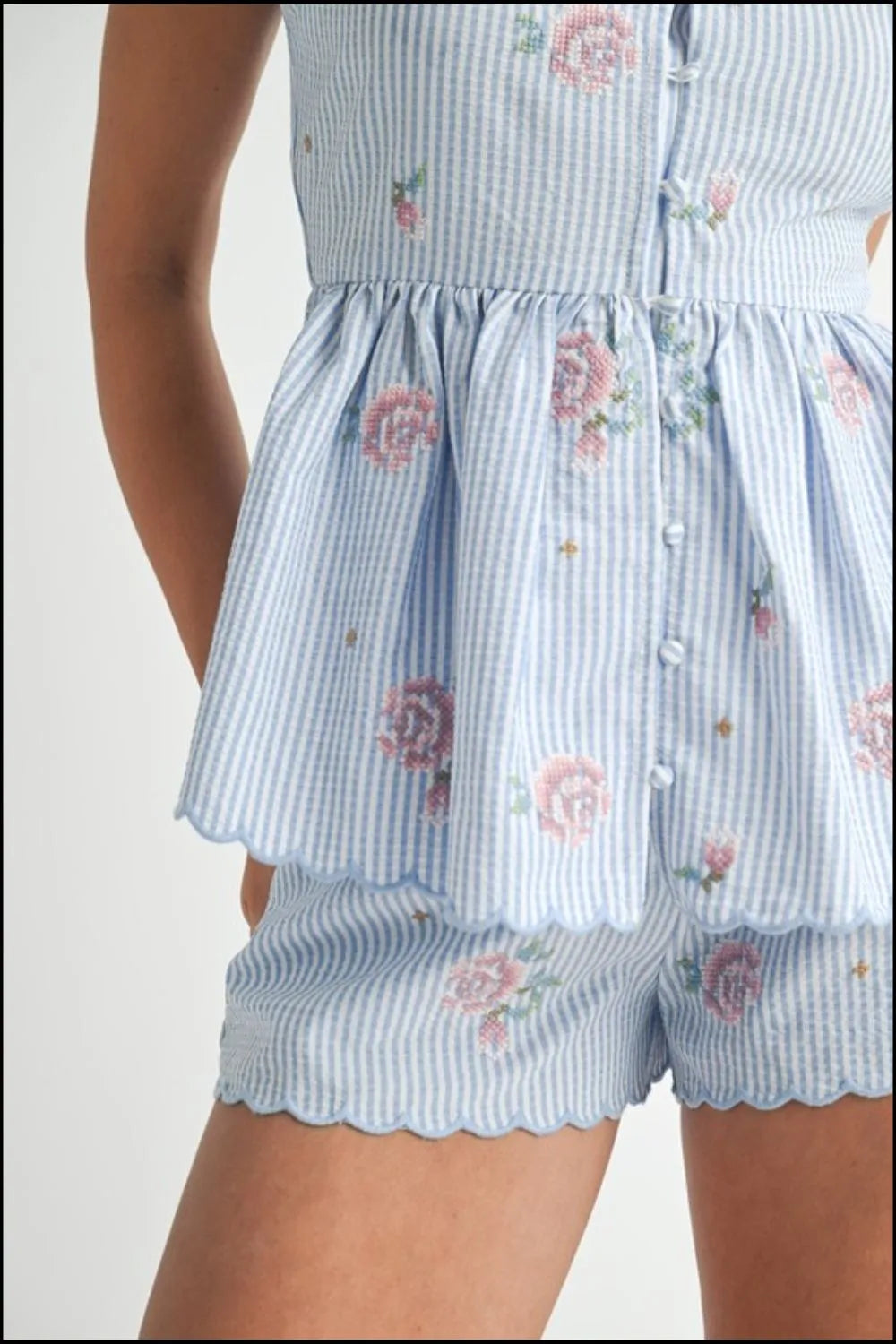 MABLE Stripe Embroidered Peplum Cami and Shorts Set OutfitFlow