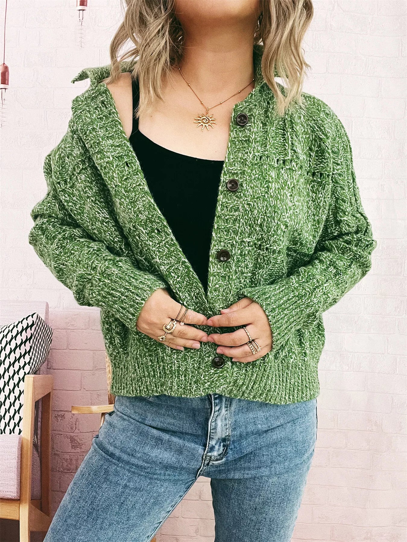 Openwork Cable Knit Button-Up Cardigan OutfitFlow