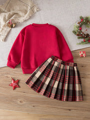 Children's Christmas Reindeer Sweatshirt & Plaid Skirt Set OutfitFlow
