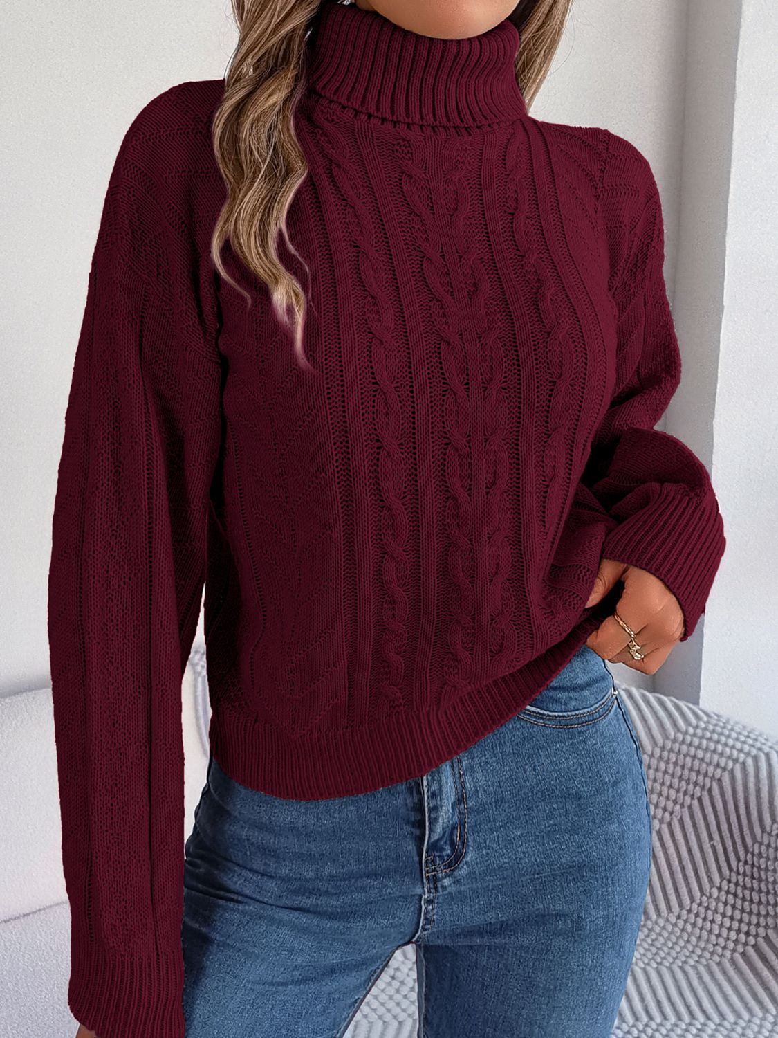 Cable-Knit Turtleneck Sweater Burgundy OutfitFlow