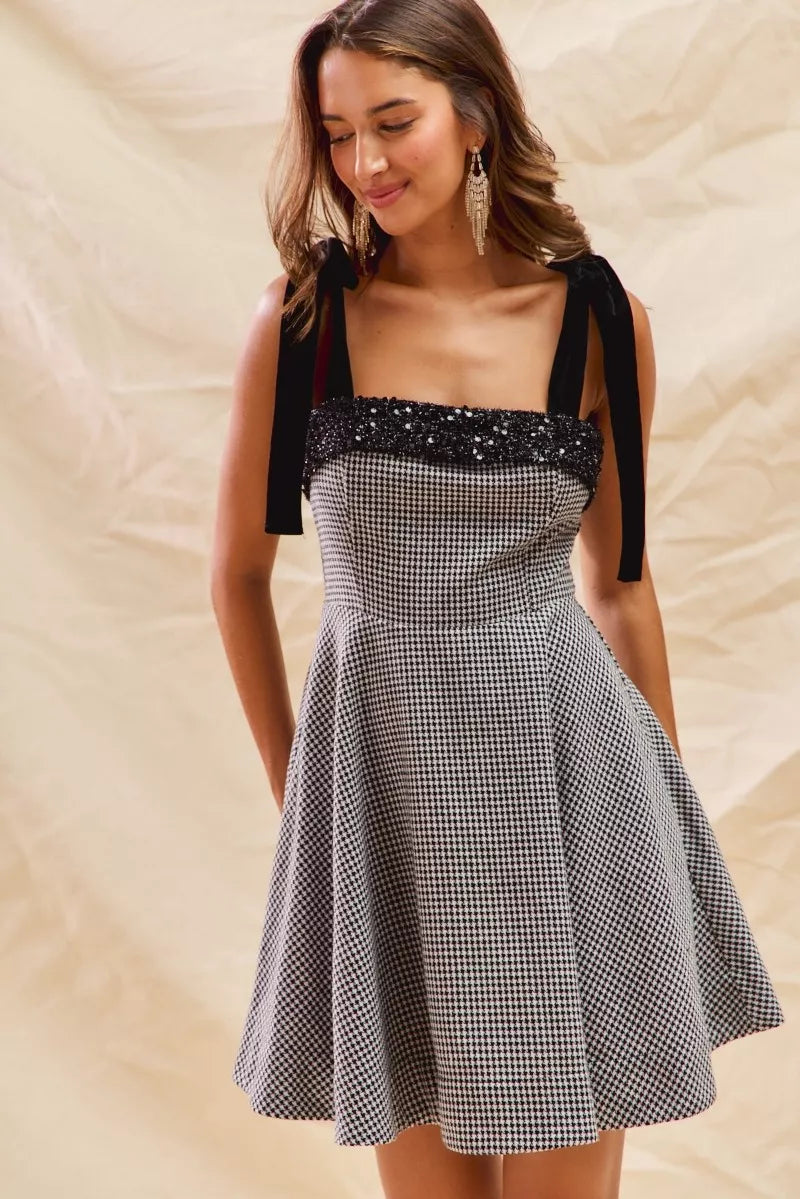 SO ME Houndstooth Fit Flare Mini Dress with Shoulder Tie OutfitFlow