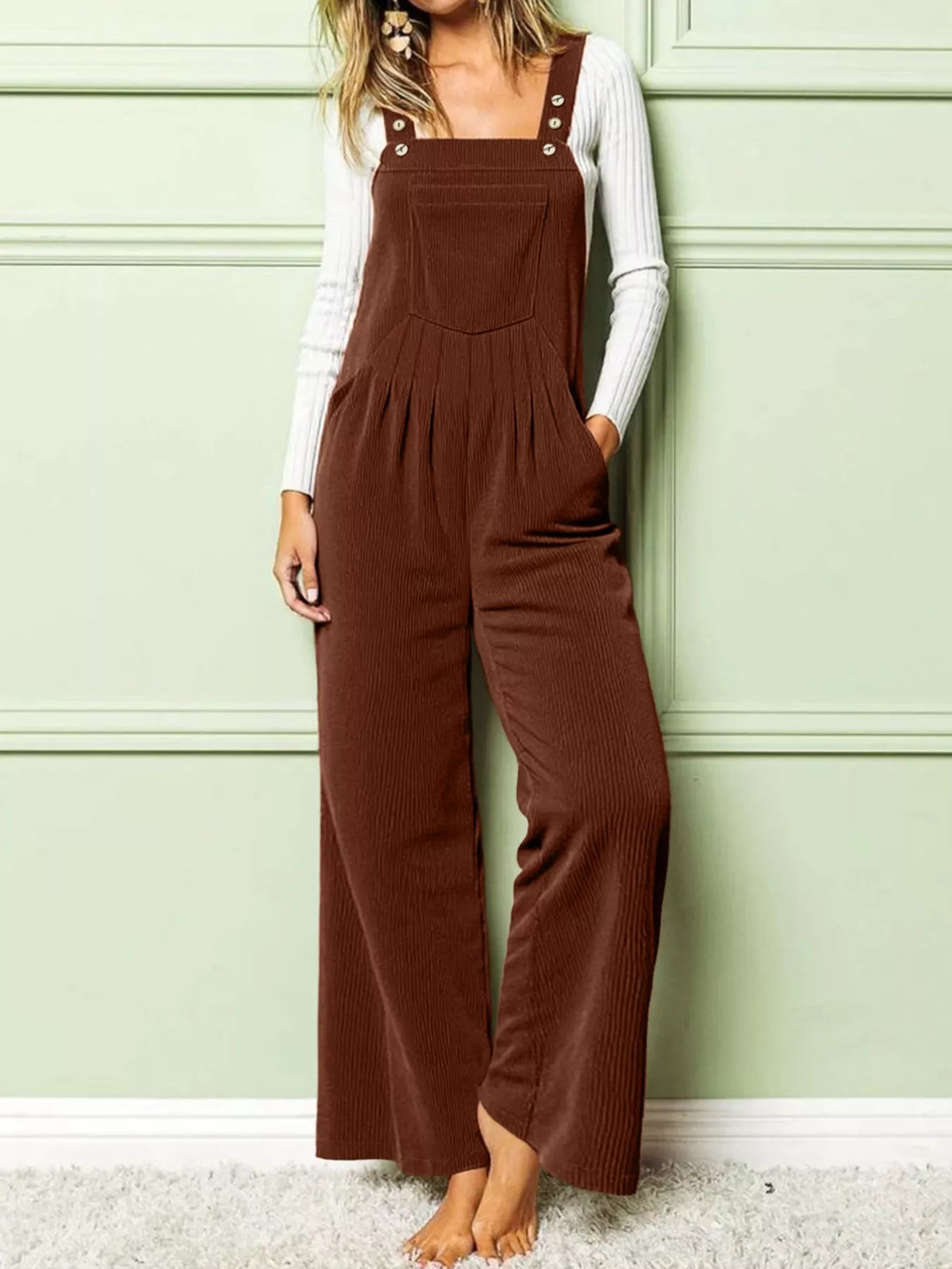 Front Ruched Wide Leg Jumpsuit with Pockets Camel OutfitFlow