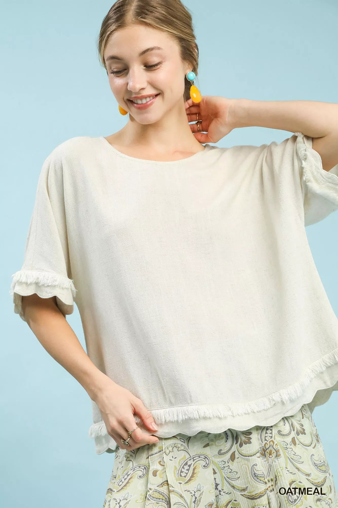 Umgee Linen Frayed Hem Scallop Edge Top OATMEAL Trendsi