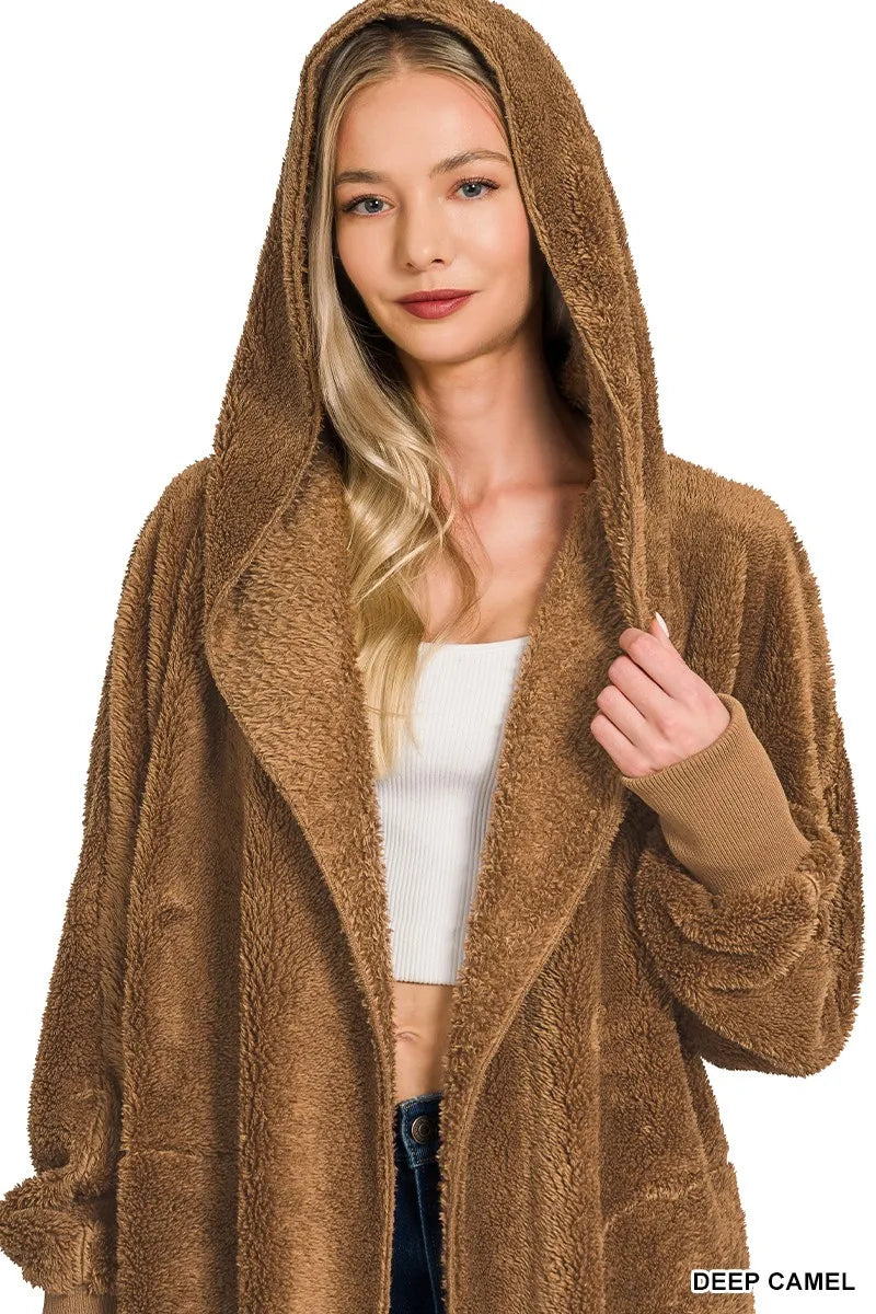 Zenana Hooded Faux Fur Jacket with Pockets Trendsi